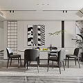 Modern Restaurant Interior With Dining Table Chairs Geometric Wall Art Green Plants And Rug
