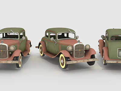 Three Vintage Green And Pink Classic Cars Arranged In A Row 3d model