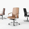 Three Modern Office Chairs In Brown And Black With Armrests And Wheels