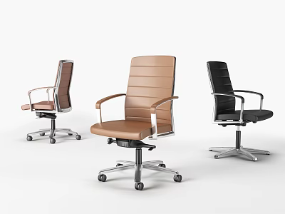 Three Modern Office Chairs In Brown And Black With Armrests And Wheels 3d model