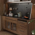 Wooden Sideboard with Perforated Panel Hanging Utensils Spices Bottles Kettle Glass Doors Drawers Oranges