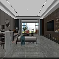 Modern Living And Dining Room Interior With Sofa TV Wall Marble Floor And Plants