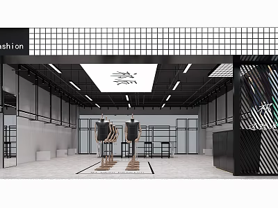 Fashion Clothing Store Interior With Black And White Design Mannequins And Display Racks 3d model