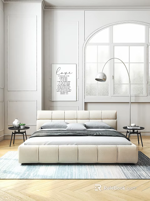 Modern Minimalist Double Bed With Upholstered Headboard Gray Pillows Side Tables Love Artwork Floor Lamp 3d model 