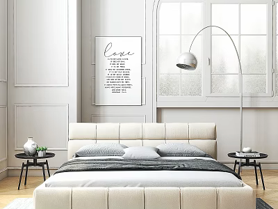 Modern Minimalist Double Bed With Upholstered Headboard Gray Pillows Side Tables Love Artwork Floor Lamp 3d model