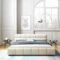 Modern Minimalist Double Bed With Upholstered Headboard Gray Pillows Side Tables Love Artwork Floor Lamp