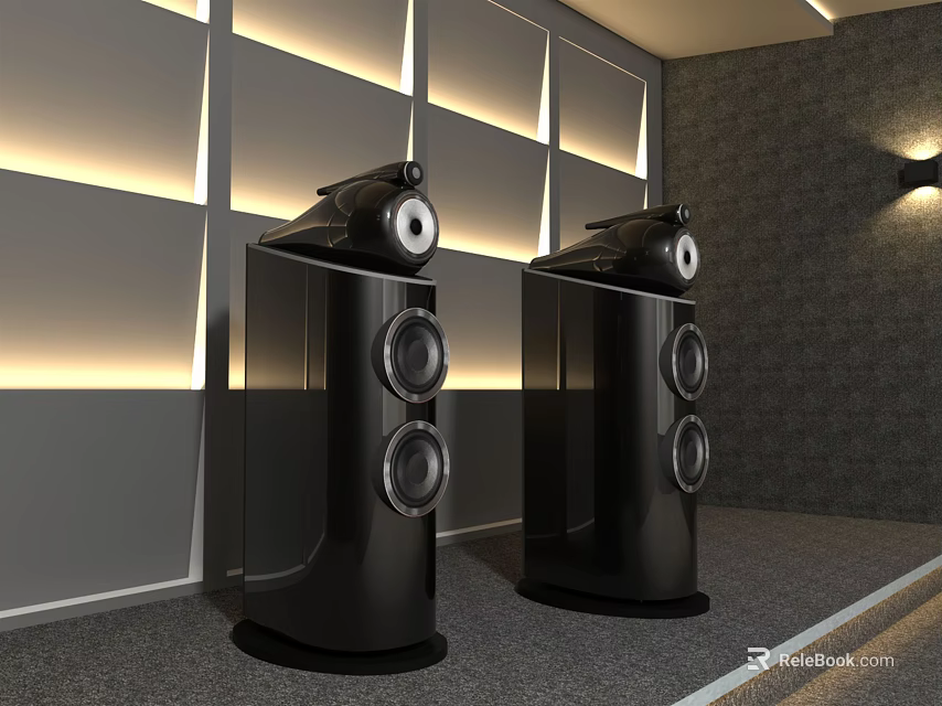 Modern Black High End Floor Standing Speakers in Stylish Room with Ambient Lighting 3d model 