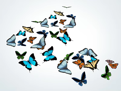Colorful Butterflies Flying in Group with Vibrant Wings and Various Species 3d model
