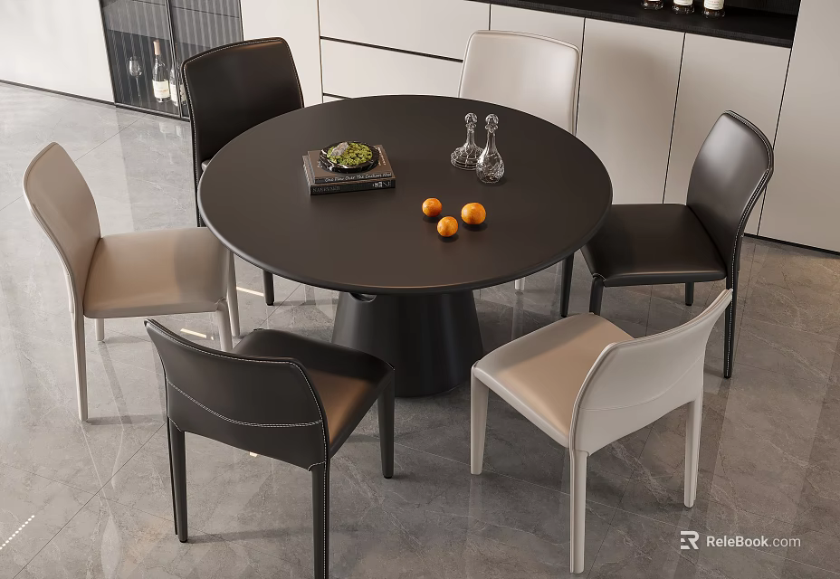 Modern Dining Table Set Round Black Table With Black And Beige Chairs Oranges Glass Vases 3d model 