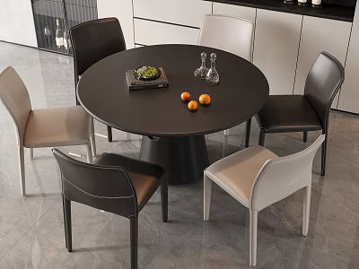 Modern Dining Table Set Round Black Table With Black And Beige Chairs Oranges Glass Vases 3d model