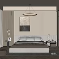 Elegant Modern Bedroom Interior With Crystal Chandelier Abstract Painting And Light Curtains