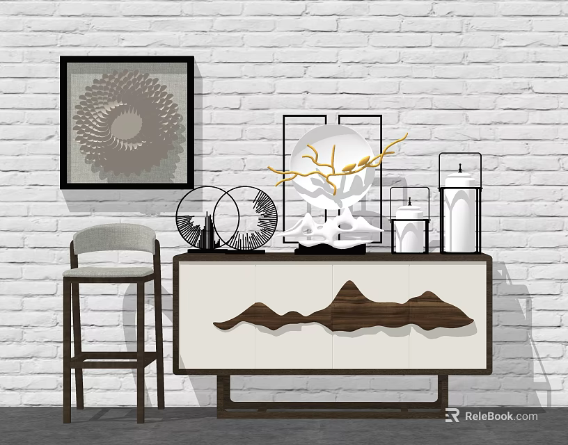Modern Console Table With White Brown Finish And Mountain Shaped Decor On Brick Wall Background 3d model