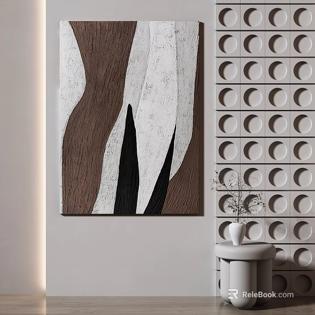 Modern Abstract Painting With Circular Wall Patterns And White Table Vase 3d model
