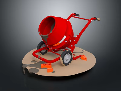 Red Concrete Mixer Trolley with Wheels on Circular Platform and Orange Bricks 3d model