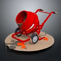 Red Concrete Mixer Trolley with Wheels on Circular Platform and Orange Bricks 3d model