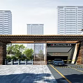 Modern Entrance Gate With Wooden Grid Canopy Glass Curtain Wall And High Rise Residential Background