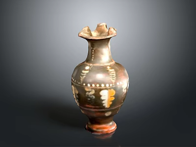 Vintage Hand Carved Ceramic Vase With Petal Mouth And Painted Patterns 3d model