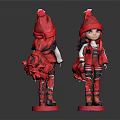 Two Character Dolls In Red Outfits With Red Hats Standing On Red Bases