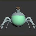 Silver Metallic Spider With Glass Bottle Wooden Cork On Dark Background And Reflection
