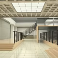Modern Lounge Area Interior With Wooden Stairs White Cubic Structures And Gray Walls