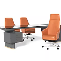 Modern Office Desk With Three Orange Swivel Chairs And Sleek Gray Design