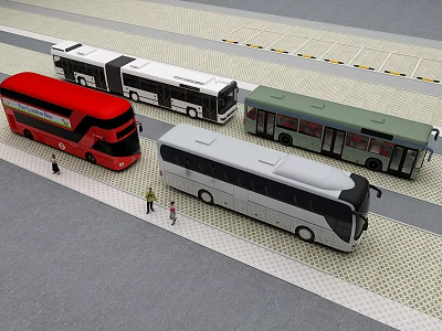 Various Colored Buses Parked In Urban Parking Lot With Pedestrians Nearby 3d model