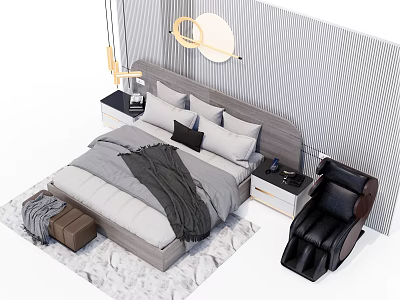 Cozy Double Bed With Gray White Bedding Nightstands Table Lamps Striped Wallpaper And Black Armchair 3d model