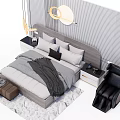 Cozy Double Bed With Gray White Bedding Nightstands Table Lamps Striped Wallpaper And Black Armchair