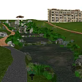 Tranquil Garden Landscape With Flowing Stream Rocks Pathway And Lush Lawn Near Buildings