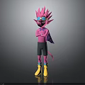 Pink Fantasy Creature Character With Spiked Hair Goggles Cape And Yellow Boots