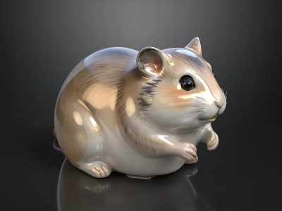 Ceramic Hamster Figurine With Round Body Brown White Fur And Black Eyes On Dark Background 3d model