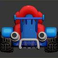 Red And Blue Cartoon Style Toy Car With Large Wheels And Exhaust Pipes