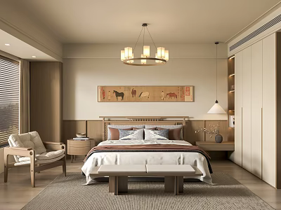 Modern Bedroom Interior Design With Chandelier Painting Above Bed And Wooden Wardrobe Rug 3d model
