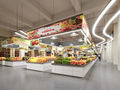 Fresh Fruit Market Display Area With Colorful Fruits Stalls And Bright Lighting Signage 3d model