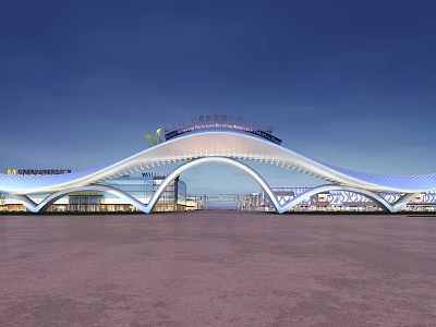 Modern Architectural Entrance Gate With Grand Arch Structure And Illuminated Surrounding Plaza 3d model