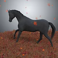 Black Horse Walking on Grassland With Red and Orange Fallen and Falling Leaves