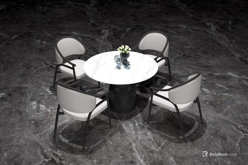 Modern Round Dining Table With White Marble Top And Light Gray Upholstered Chairs 3d model 