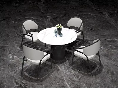 Modern Round Dining Table With White Marble Top And Light Gray Upholstered Chairs 3d model