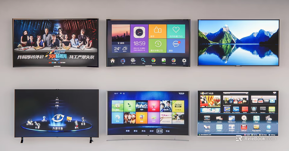 Multiple Smart Televisions Displaying Video Calls App Interfaces And Scenery Content 3d model 
