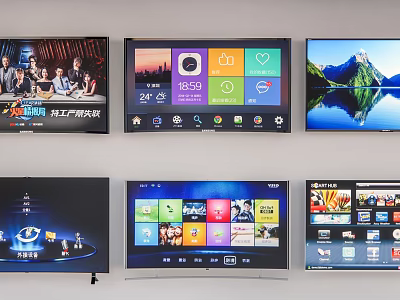 Multiple Smart Televisions Displaying Video Calls App Interfaces And Scenery Content 3d model
