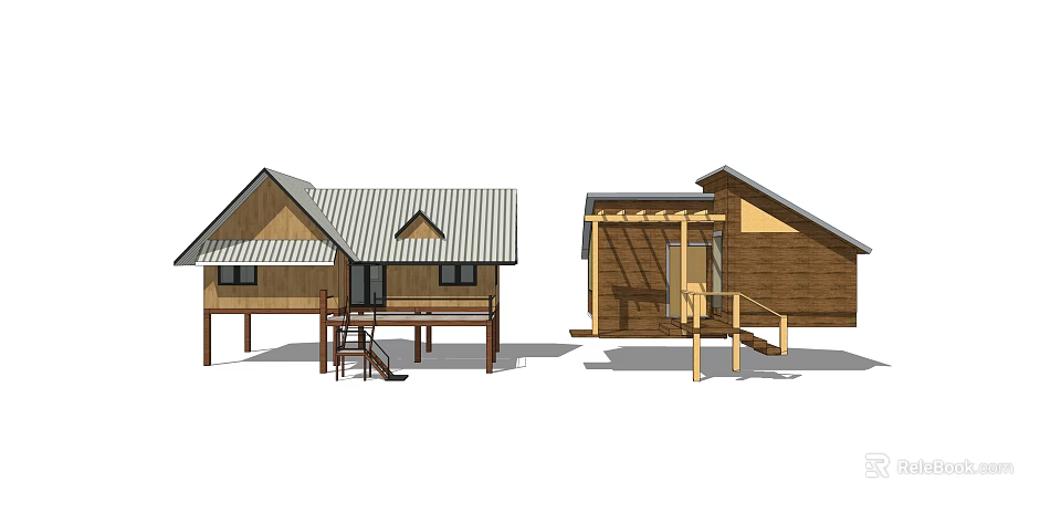 Wooden House Design With Sloped Roof Balcony Staircase And Pergola Porch 3d model 