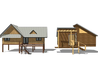 Wooden House Design With Sloped Roof Balcony Staircase And Pergola Porch 3d model