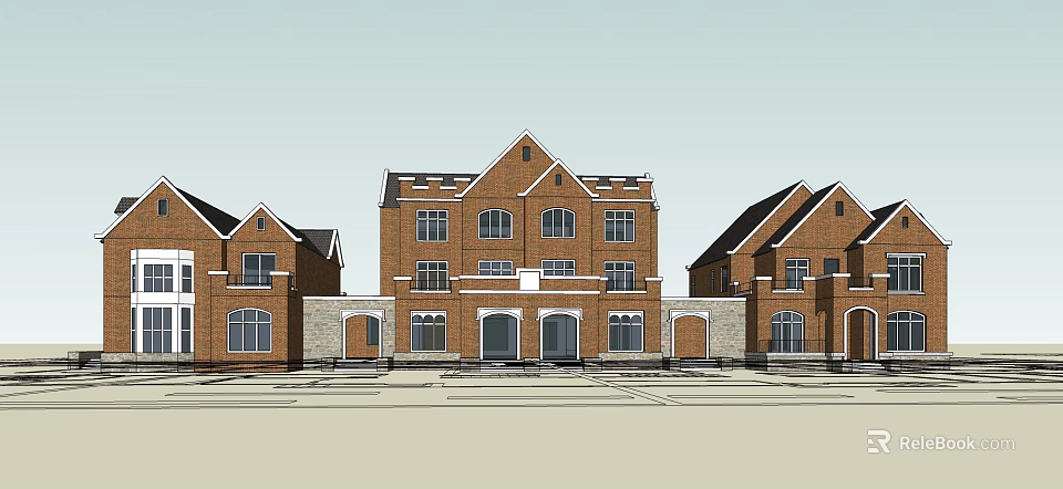 Red Brick Sales Office Building With Symmetrical Design And Multiple Windows 3d model