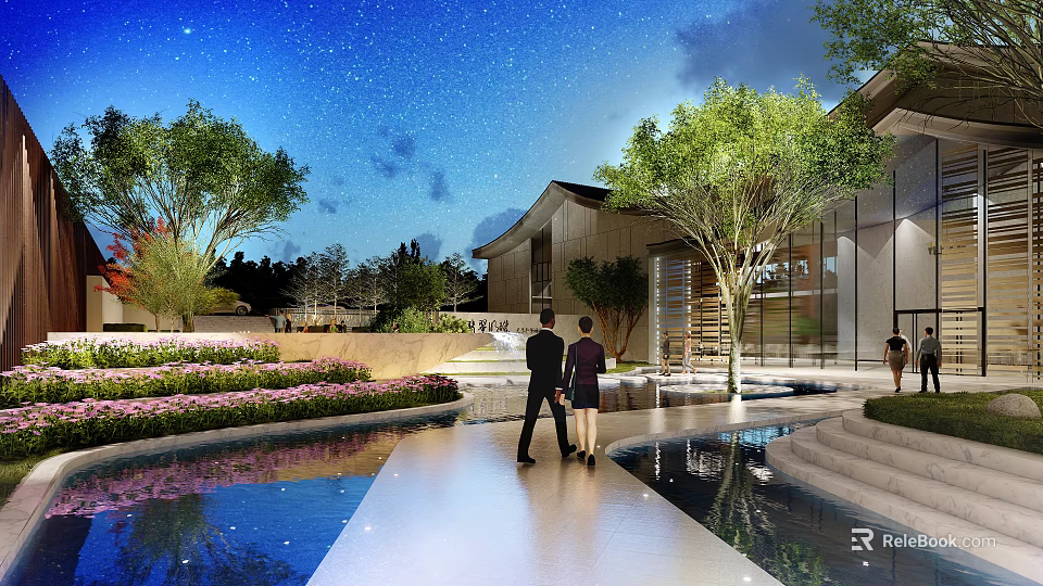 Starry Night Garden Landscape With Modern Architecture Green Plants Trees Water Pool And People Walking 3d model 