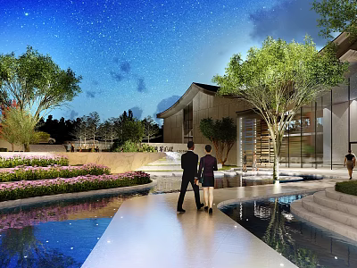 Starry Night Garden Landscape With Modern Architecture Green Plants Trees Water Pool And People Walking 3d model