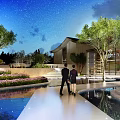 Starry Night Garden Landscape With Modern Architecture Green Plants Trees Water Pool And People Walking