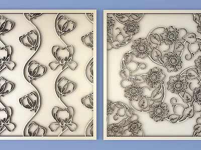 Intricate Floral Carved Decorative Panels With Vine And Flower Patterns 3d model