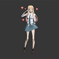 Anime Game Character With Blonde Hair White Jacket Blue Skirt And Red Hearts