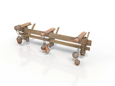 Industrial Equipment With Wooden Frame Horizontal Beams And Multiple Hanging Metal Parts 3d model