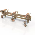 Industrial Equipment With Wooden Frame Horizontal Beams And Multiple Hanging Metal Parts